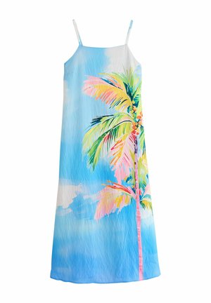 Robe sans manches avec fines bretelles, présentant un motif coloré de palmier sur fond de ciel bleu.