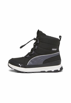 Black and gray winter boots with padded upper, lacing system, and a white rubber sole. Features a Puma logo on the side.