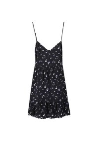 Robe noire à fleurs avec des fines bretelles, décolleté en V et ourlet volanté. Présente de petites fleurs blanches et violettes sur un tissu doux et léger.