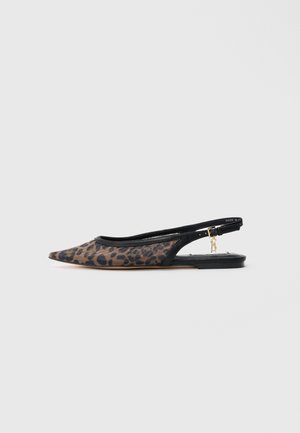 Pointed-toe slingback flat shoe with brown and black leopard print and black strap featuring gold buckle and small charm detail.