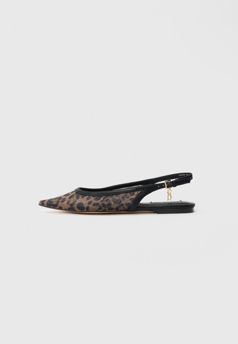 Pointed-toe slingback flat shoe with brown and black leopard print and black strap featuring gold buckle and small charm detail.