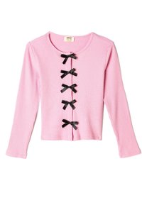 Roze geribbelde longsleeve top met zes zwarte lintstrikken aan de voorkant, ronde halslijn en cropped zoom. Zachte, gestructureerde stof.