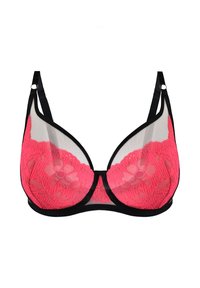 Koronkowy biustonosz z różowym kwiatowym wzorem, czarnym wykończeniem i przezroczystymi panelami z siateczki. Czarne regulowane ramiączka z minimalnymi detalami.