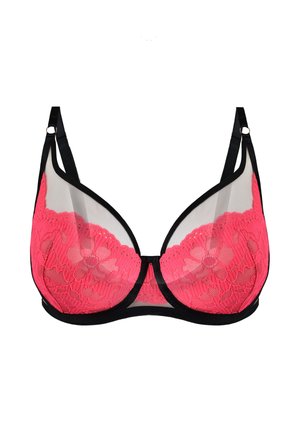 Koronkowy biustonosz z różowym kwiatowym wzorem, czarnym wykończeniem i przezroczystymi panelami z siateczki. Czarne regulowane ramiączka z minimalnymi detalami.