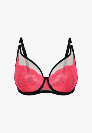 Koronkowy biustonosz z różowym kwiatowym wzorem, czarnym wykończeniem i przezroczystymi panelami z siateczki. Czarne regulowane ramiączka z minimalnymi detalami.