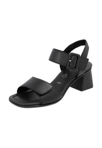 Black leather heeled sandal with a square toe, an adjustable buckle on the ankle strap, and a textured footbed. Block heel design.