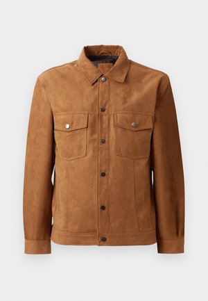 Brown suede jacket featuring a classic collar, two chest pockets, front button closure, and long sleeves with buttoned cuffs.
