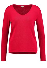 Czerwony sweter z długim rękawem i głębokim dekoltem w serek, wykonany z miękkiej dzianiny. Prosty design z prostym dołem i minimalnymi detalami.