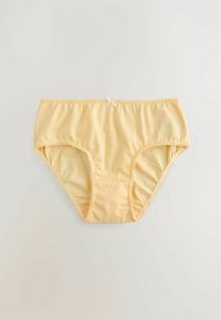 Lichtgele katoenen slip met een gladde textuur, kantafwerking en een klein strikje bij de tailleband. Klassiek ontwerp met volledige bedekking.