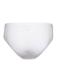 Slip di cotone bianco con una texture liscia, cintura elastica e design semplice. Senza motivi o dettagli visibili. Forma classica a copertura totale.