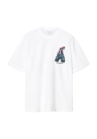Hvid bomulds t-shirt med et grafisk design af et farverigt 'A' med en næve og en rose. Korte ærmer og rund hals.