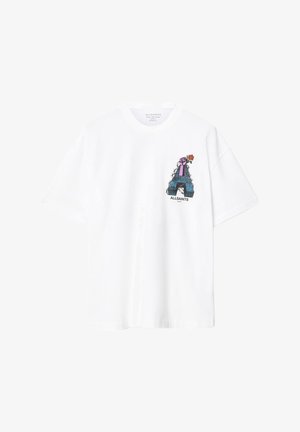White cotton t-shirt featuring a graphic design of a colorful 'A' with a fist and a rose. Short sleeves and a crew neckline.