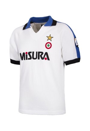 Wit vintage voetbalshirt met blauwe en zwarte kraag en mouwen, "MISURA" logo, gouden ster, rond embleem en teamembleem op de mouw.