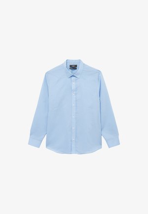 Helles blaues, langärmliges Hemd mit Knopfleiste, klassischem Kragen und dezentem Nadelstreifenmuster. Hat einen abgerundeten Saum und eine Knopfschließe.