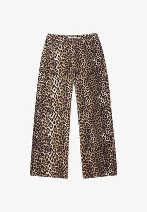 Wijde broek met een luipaardprint. Bevat een mix van tan, bruin en zwart. Gemaakt van zachte stof met een gladde textuur.