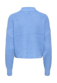 Pull tricoté bleu clair vu de dos avec manches longues et ourlet et poignets côtelés.