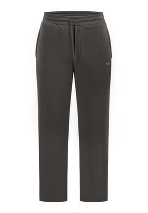 Ciemnoszare spodnie dresowe wykonane z miękkiego materiału, z elastycznym pasem ze sznurkiem do regulacji i bocznymi kieszeniami. Prosty krój z prostymi nogawkami.
