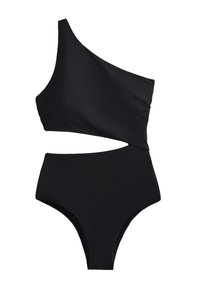 Maillot de bain noir asymétrique avec une découpe et une culotte taille haute. Texture lisse et silhouette minimaliste.