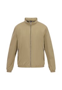 Lys beige zip-up jakke med ståkrave, elastiske manchetter og sidelommer. Fremstillet af glat, vandafvisende stof.