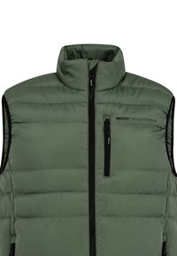 Grüne, ärmellose gepolsterte Weste mit hohem Kragen, ausgestattet mit einem Frontreißverschluss und zwei Reißverschlusstaschen; aus leichtem, glattem Material gefertigt.