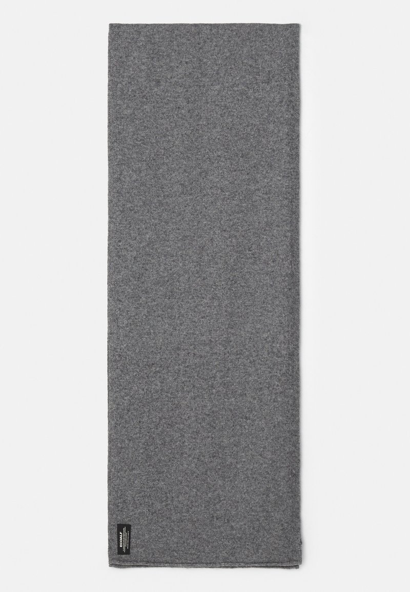 Grå uldscarf med en glat tekstur og en rektangulær form. Indeholder et lille mærke i det nederste hjørne.