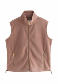Fleece-Weste in staubigem Pink mit hohem Kragen, durchgehendem Reißverschluss und zwei mit Reißverschluss versehenen Taschen mit goldenen Akzenten. Glatte Textur.