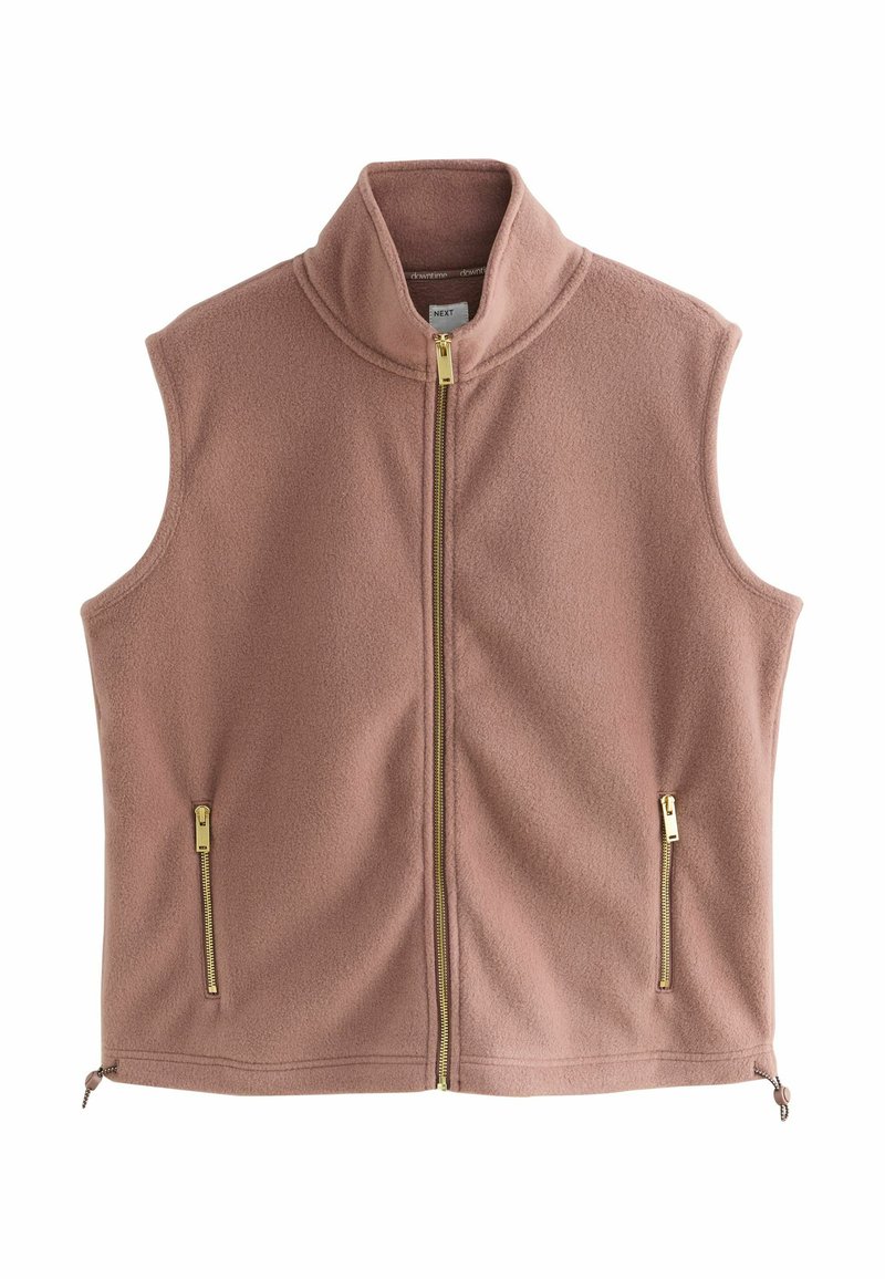 Fleece-Weste in staubigem Pink mit hohem Kragen, durchgehendem Reißverschluss und zwei mit Reißverschluss versehenen Taschen mit goldenen Akzenten. Glatte Textur.