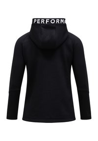 Black hooded performance sweatshirt featuring a high neck, long sleeves, and a flat-textured finish. "PERFORMANCE" label on the collar.