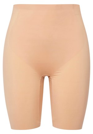 Beige taillehoge shaping shorts gemaakt van glad, rekbaar materiaal. Heeft een naadloos ontwerp met een lengte tot halverwege de dij en geen zichtbare naden.