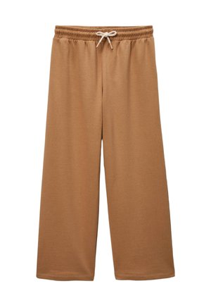 Pantalons de survêtement marron, à jambes larges, en tissu doux avec une taille élastique et un cordon de serrage. Texture lisse, sans motifs ni éléments métalliques visibles.