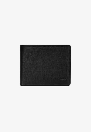 Portefeuille en cuir noir avec une surface texturée, design pliable en deux, et un logo en relief dans le coin inférieur droit. Apparence minimaliste.