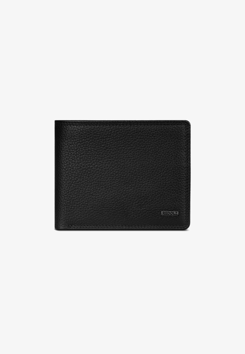 Schwarze Lederbörse mit strukturierten Oberflächen, im Zweifachdesign und einem geprägten Logo in der unteren rechten Ecke. Minimalistisches Erscheinungsbild.