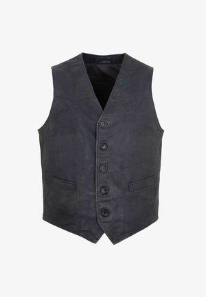 Schwarze Lederweste mit fünf Knöpfen vorne und zwei seitlichen Taschen, ärmellos mit V-förmigem Kragen.