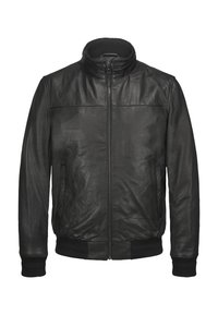 Schwarze Lederjacke mit hohem Kragen, Frontreißverschluss und zwei seitlichen Taschen. Verfügt über gestrickte Bündchen und eine glatte Textur.