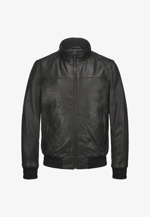 Schwarze Lederjacke mit hohem Kragen, Frontreißverschluss und zwei seitlichen Taschen. Verfügt über gestrickte Bündchen und eine glatte Textur.