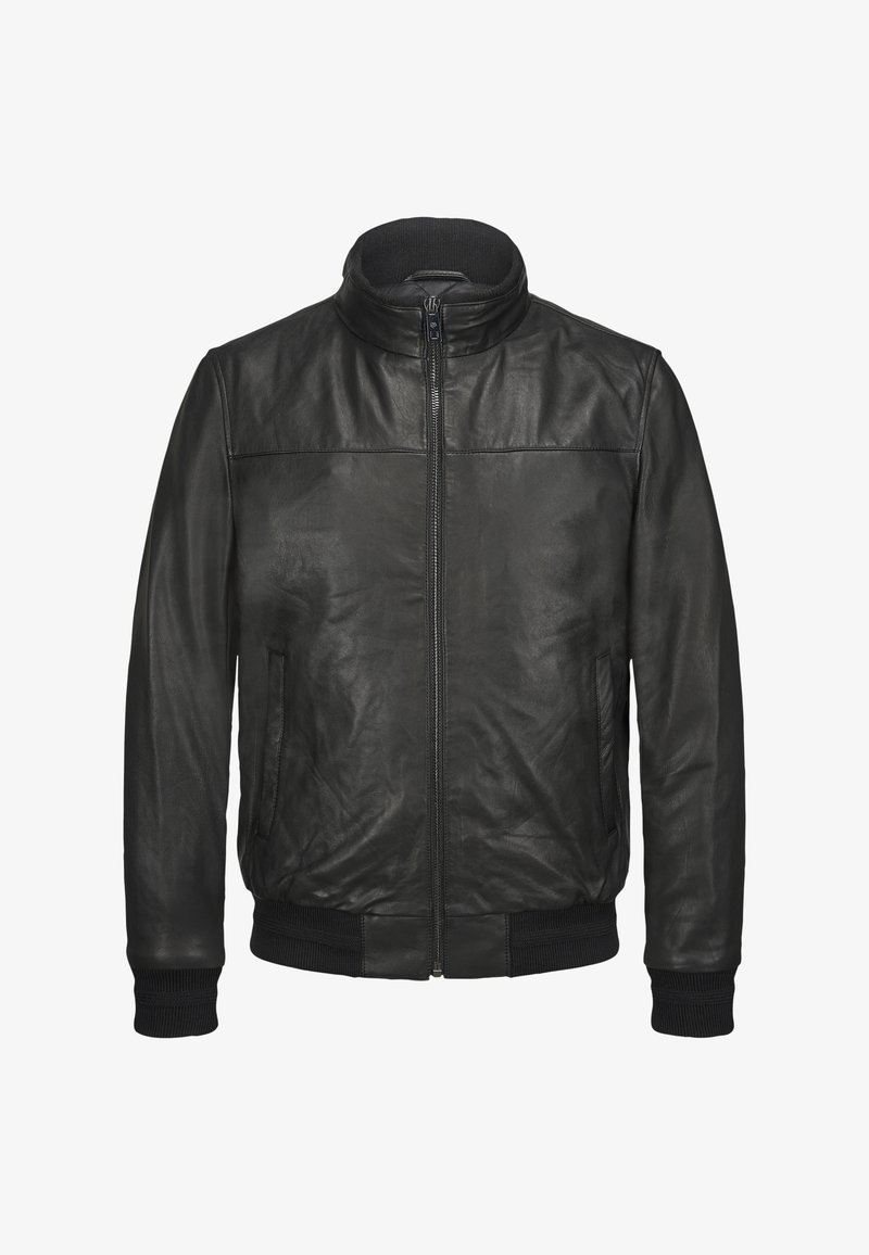 Schwarze Lederjacke mit hohem Kragen, Frontreißverschluss und zwei seitlichen Taschen. Verfügt über gestrickte Bündchen und eine glatte Textur.