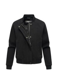 Black bomber jacket made of a soft, textured fabric. Features zip closure, ribbed cuffs, and two side pockets with subtle accent detailing.
