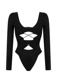 Costume intero nero con maniche lunghe, caratterizzato da un design con ritagli e dettagli incrociati sul busto. Tessuto liscio e elasticizzato.