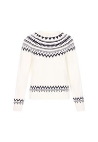 Maglione bianco con maniche lunghe, scollatura rotonda e un collo decorato con motivi geometrci blu navy e dettagli a zigzag sui polsini e sull'orlo.