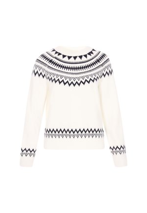 White sweater with long sleeves, round neckline, and a patterned yoke featuring navy geometric designs and zigzag accents at cuffs and hem.