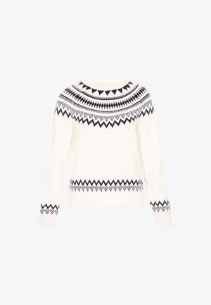 White sweater with long sleeves, round neckline, and a patterned yoke featuring navy geometric designs and zigzag accents at cuffs and hem.