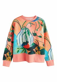 Meer-kleurige sweatshirt met een bloemenpatroon in groen, rood en blauw op een perzikkleurige achtergrond. Zacht materiaal met een ontspannen pasvorm.