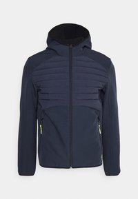 Marinblå mellanlagerjacka med dragkedja, slät yta, vadderad bröstpanel och kontrasterande gula dragkedjor på fickorna. Huva ingår.