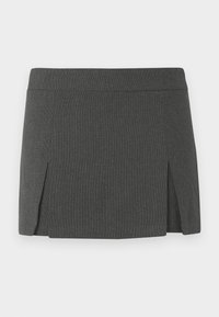 Fustă mini gri cu o textură netedă, având un brâu plat și două slituri frontale pentru un plus de detaliu. Design casual.