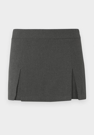 Gray mini skirt with a smooth texture, featuring a flat waistband and two front side slits for added detail. Casual design.