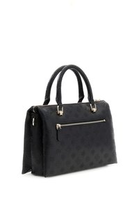 Sac à main en cuir noir avec motif floral texturé, doubles poignées, poche zippée avant et détails en métal doré. Forme rectangulaire.