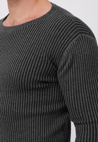 Graues Langarmshirt mit schmalen horizontalen Streifen, Rundhalsausschnitt und gerippter Textur, das ein tailliertes Design und einen sanften Stoff hervorhebt.