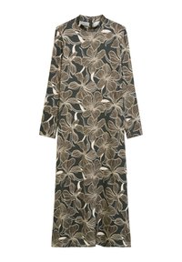 Langsleeve bloemenjurk met een hoge hals, met een donkergroene achtergrond en beige lijn getekende bloemen. Zachte stof met een gladde textuur.