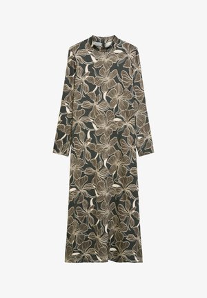 Długo rękawowa sukienka w kwiaty z wysokim dekoltem, o ciemnozielonym tle i beżowymi kwiatami narysowanymi linią. Miękka tkanina o gładkiej fakturze.