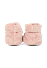 Roze stoffen schoentjes met een zachte textuur, voorzien van een opgerolde manchet en geborduurd detail aan de zijkant.